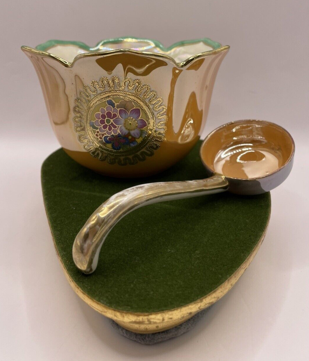 Rare Vintage Iridescent Noritake Bowl & Ladle Gold Luster Hand Painted in Japan